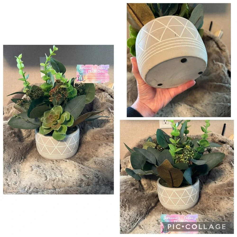 Set of 3 Faux Artificial Succulents and Flowers in Decorative Ceramic Pots Green